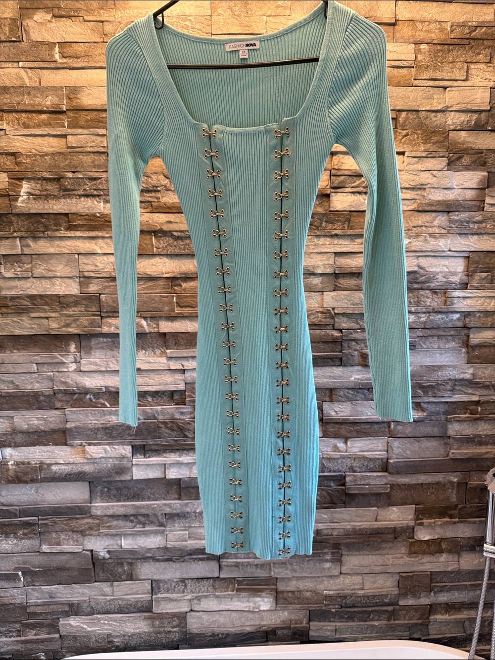Fashion Nova Aqua Ribbed Hook-Front Long Sleeve Bodycon Dress